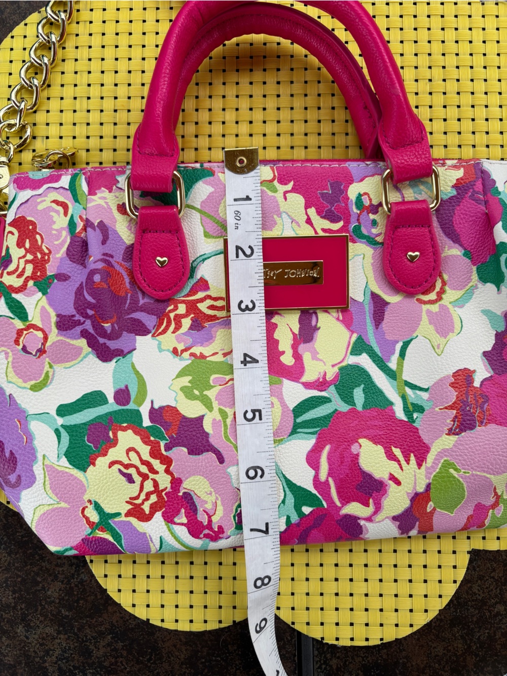 Betsey Johnson Hot Pink Floral Satchel with Gold Chain - Picture 9 of 12